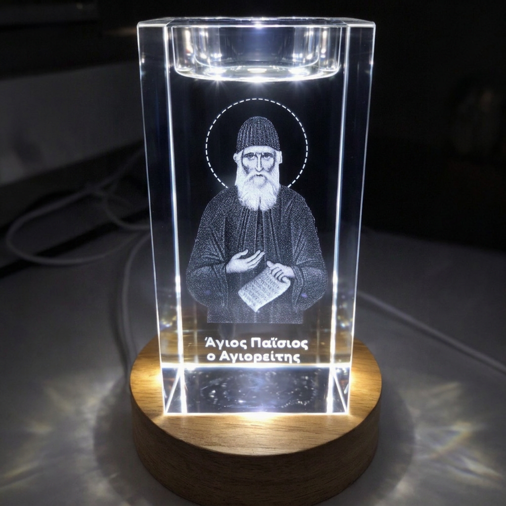 St Paisios of Mt Athos Laser Engraved Crystal Tealight Icon