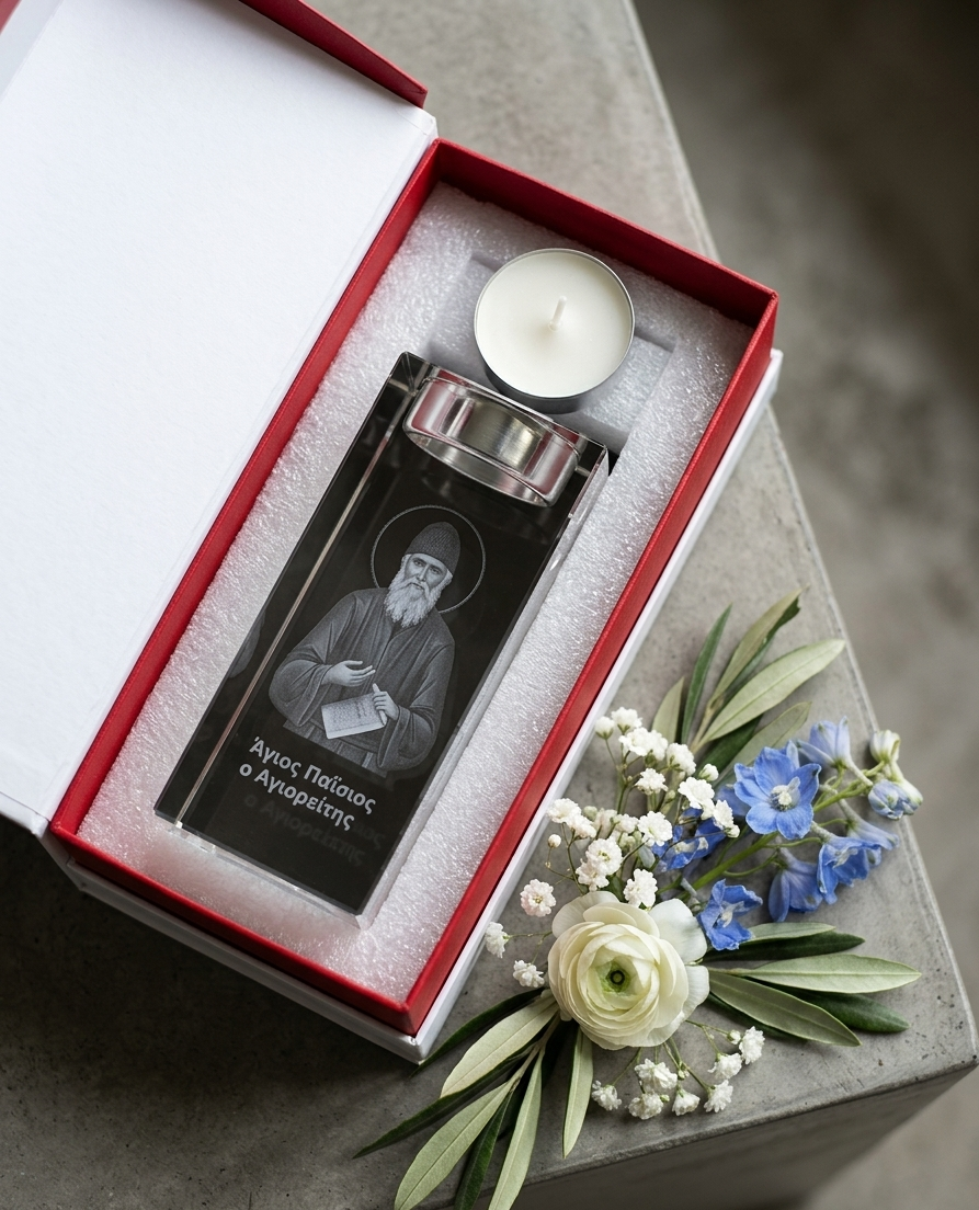 St Paisios of Mt Athos 3D Laser Engraved Crystal Tealight Icon